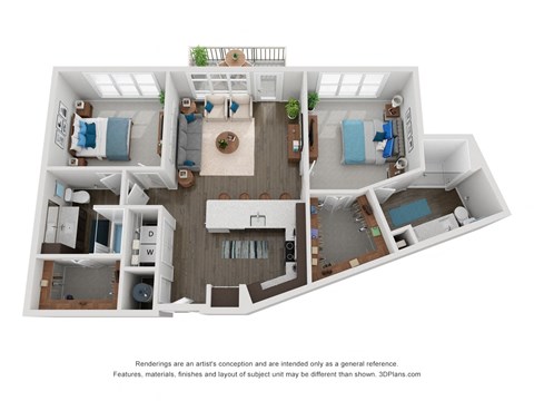 Floor plan for 2 beds, 2 baths, 1245 sqft